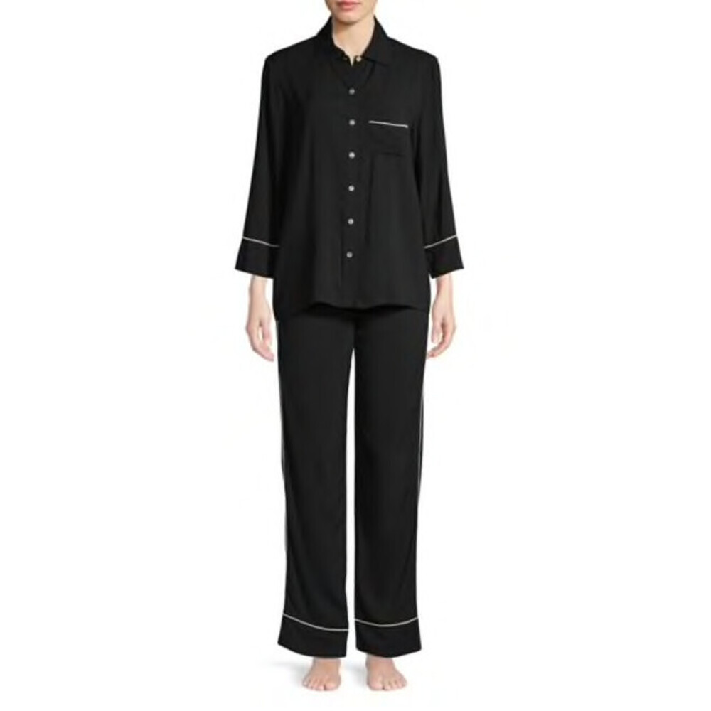 Elysian Viscose 2-Piece Pyjama Set In Black/White Pipping Size S